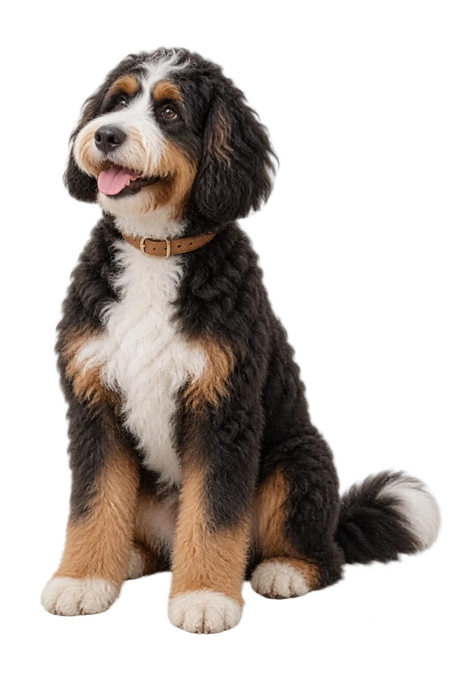 A beautifully groomed tricolor Bernedoodle sitting beside the headline