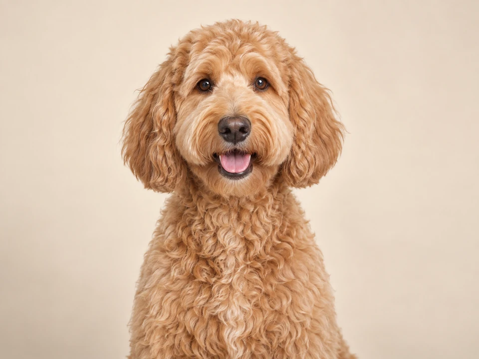 The same Goldendoodle in an illustrative rounded Teddy Bear haircut preview