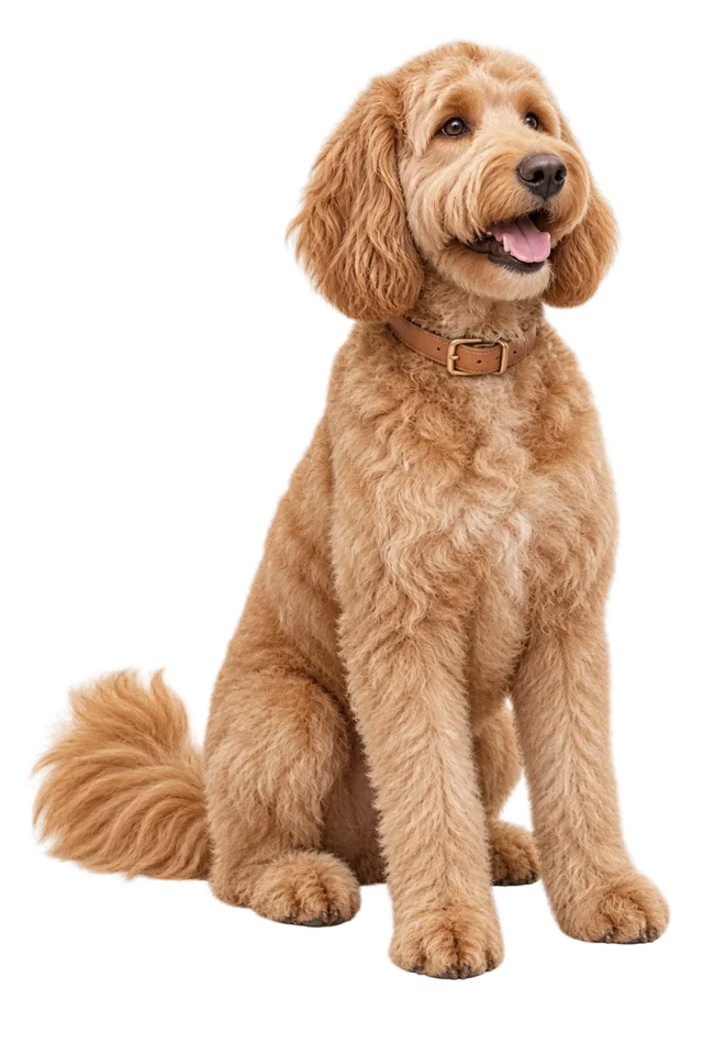 An apricot Goldendoodle with soft curls, sitting and looking toward the center