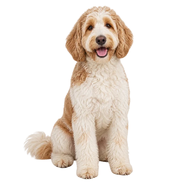 Example AI preview: a different dog, a cream and apricot parti Goldendoodle, with its own haircut
