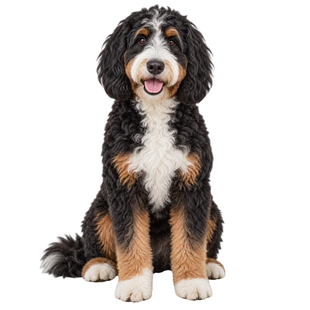 Happy, well-groomed black-and-white Bernedoodle sitting beneath the PetTrimLens description